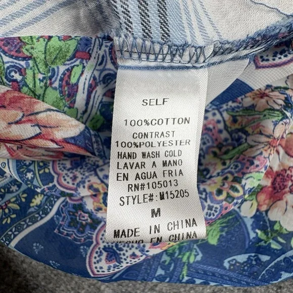 Andree by Unit Boho Tunic Top M Blue Plaid‎ Floral Embroidered Patchwork Tassels - Picture 7 of 14